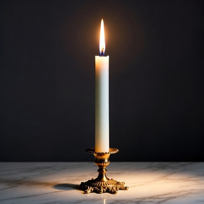 Lit White Candle in Brass Holder