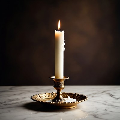 Burning Candle in Ornate Brass Holder