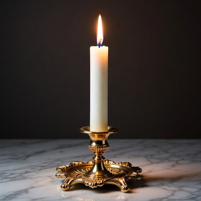 Lit White Candle in Gold Holder