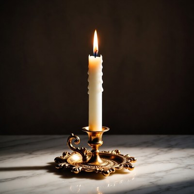 Lit Candle in Ornate Gold Candlestick