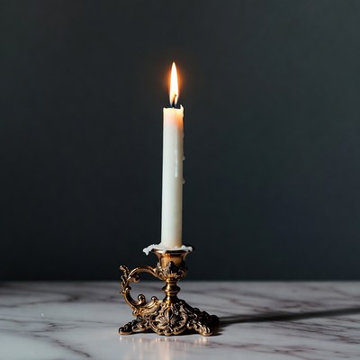 Burning Candle in Ornate Brass Holder