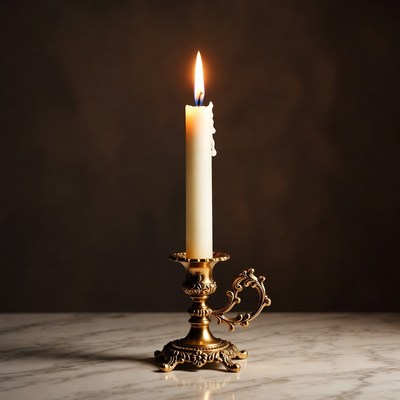 Burning Candle in Ornate Gold Candlestick