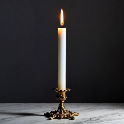 Lit Candle in Ornate Brass Holder