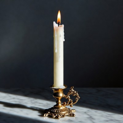 Burning Candle in Brass Candlestick