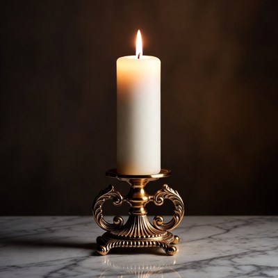 Lit White Candle on Gold Holder