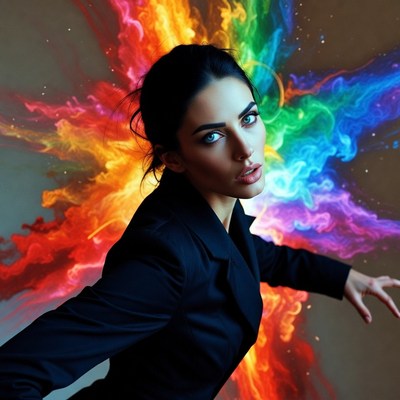 Woman in rainbow energy burst