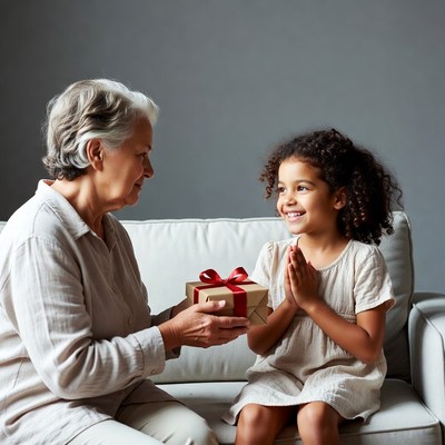Grandmother giving gift to girl
