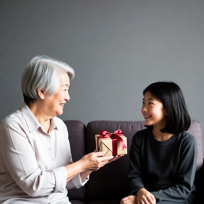 Elderly Asian woman giving gift to girl
