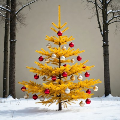 Yellow Christmas Tree with Ornaments in Snow
