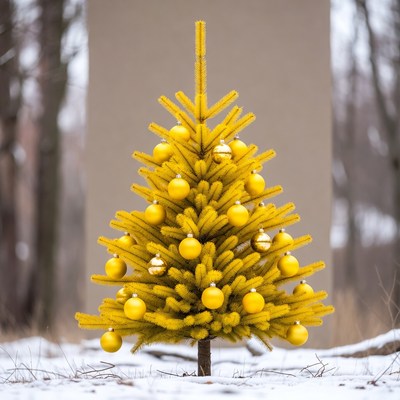 Yellow Christmas Tree in Snowy Forest