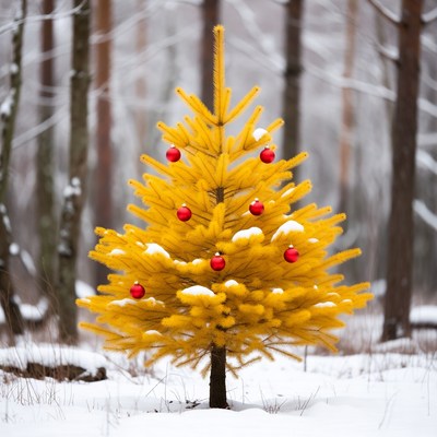 Yellow Christmas Tree in Snowy Forest
