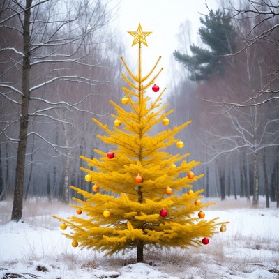 Yellow Christmas Tree in Snowy Forest