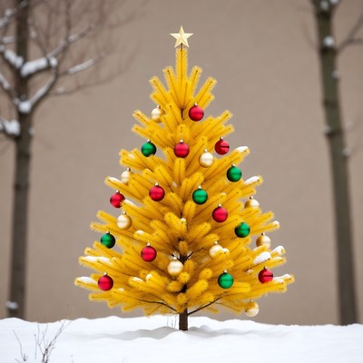 Yellow Christmas Tree with Ornaments in Snow