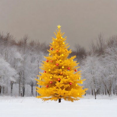 Yellow Christmas Tree in Snowy Forest