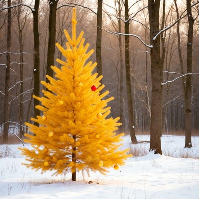 Yellow Christmas Tree in Snowy Forest