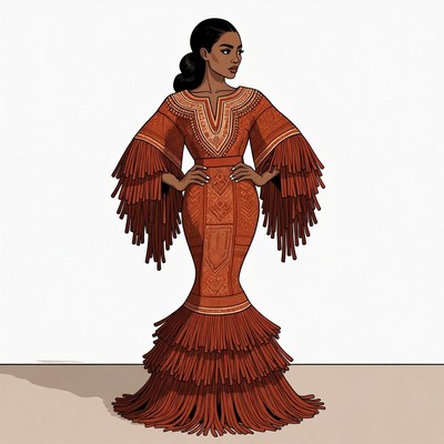 African-American woman in orange fringed dress