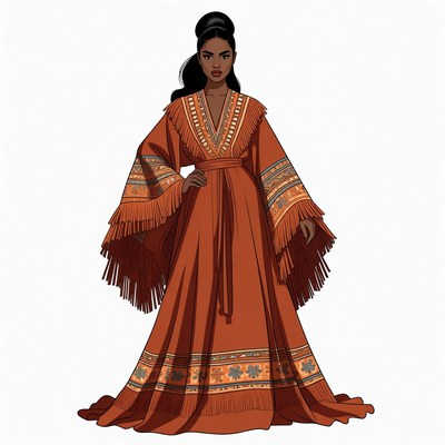 African woman in fringed orange dress