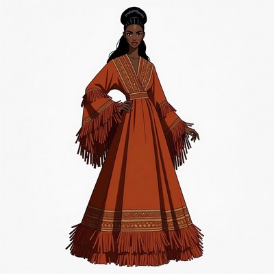 African-American woman in fringed orange dress