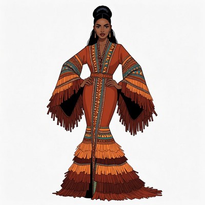African woman in fringed gown