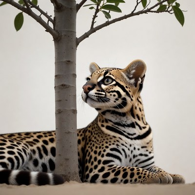 Jaguar cub beside tree