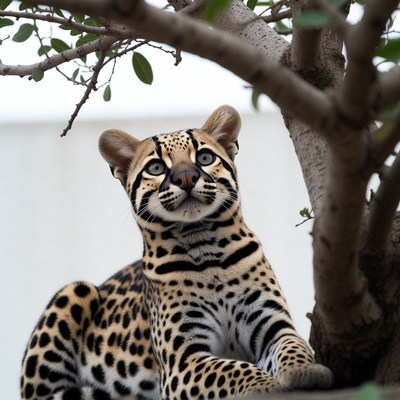 Jaguar cub under tree branches