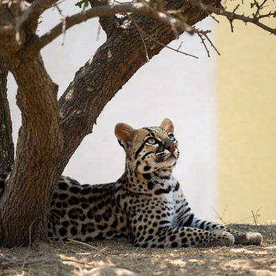 Jaguar cub under tree