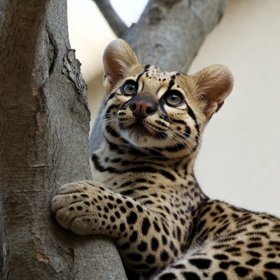 Serval Kitten Clinging to Tree Trunk