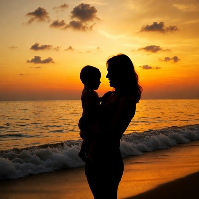 Mother Holding Baby Silhouette at Sunset Beach
