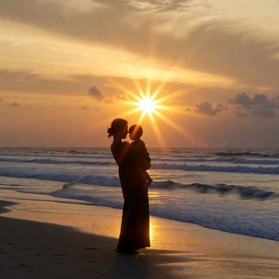 Silhouette mother holding baby at sunset beach