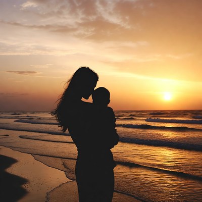 Silhouette mother holding baby at sunset beach