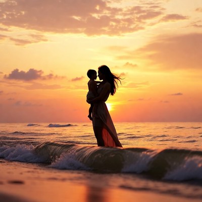 Mother Holding Child at Sunset Beach