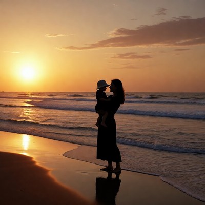 Mother holding baby at sunset beach