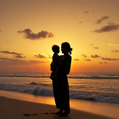 Mother holding baby silhouette sunset beach