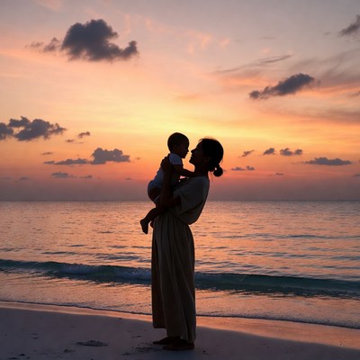 Mother holding baby at sunset beach