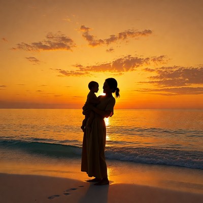 Mother Holding Baby Silhouette at Sunset Beach