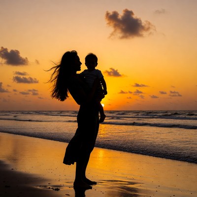 Mother holding baby at sunset beach