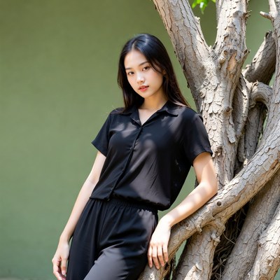 Asian woman leaning on tree