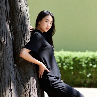 Asian woman leaning against tree