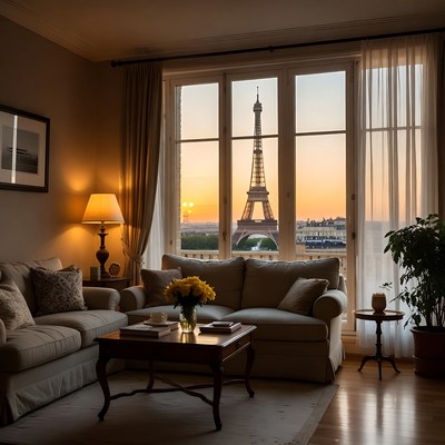 Eiffel Tower View from Cozy Living Room