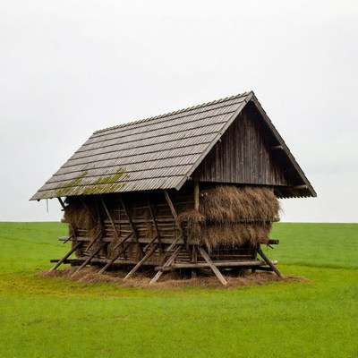 Hay Barn in Green Field