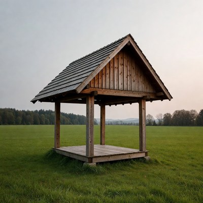 Wooden gazebo in green field