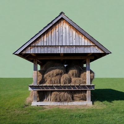 Wooden Hay Shelter with Hay Bales