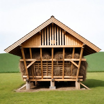 Wooden Hay Barn with Hay Bales