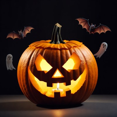 Jack-o'-lantern with ghosts and bats