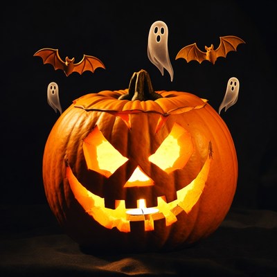 Jack-o'-lantern with ghosts and bats