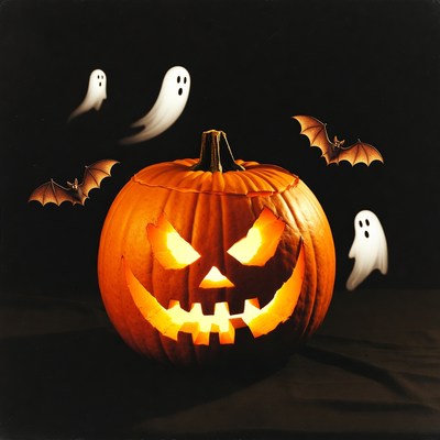 Jack-o'-lantern with Ghosts and Bats