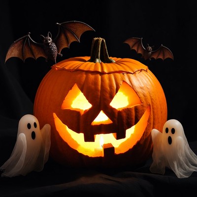 Jack-o'-lantern with ghosts and bats