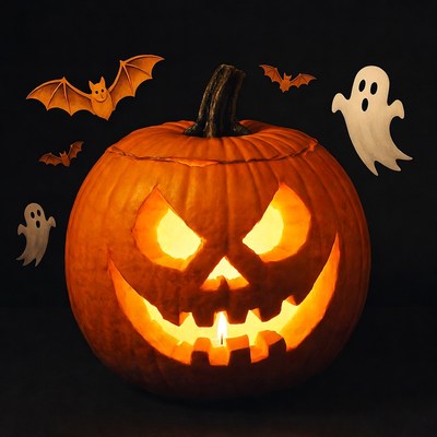 Jack-o'-lantern with bats and ghosts