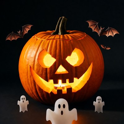 Jack-o'-lantern with bats and ghosts