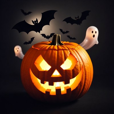 Jack-o'-lantern with bats and ghosts